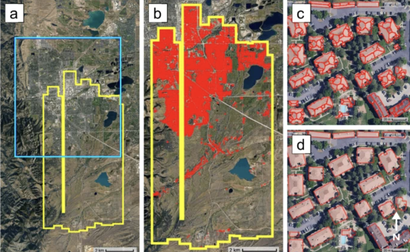 Multi-panel satellite and aerial figure showing high-resolution urban albedo mapping: regional overview, built-up area delineation, and building-level roof segmentation