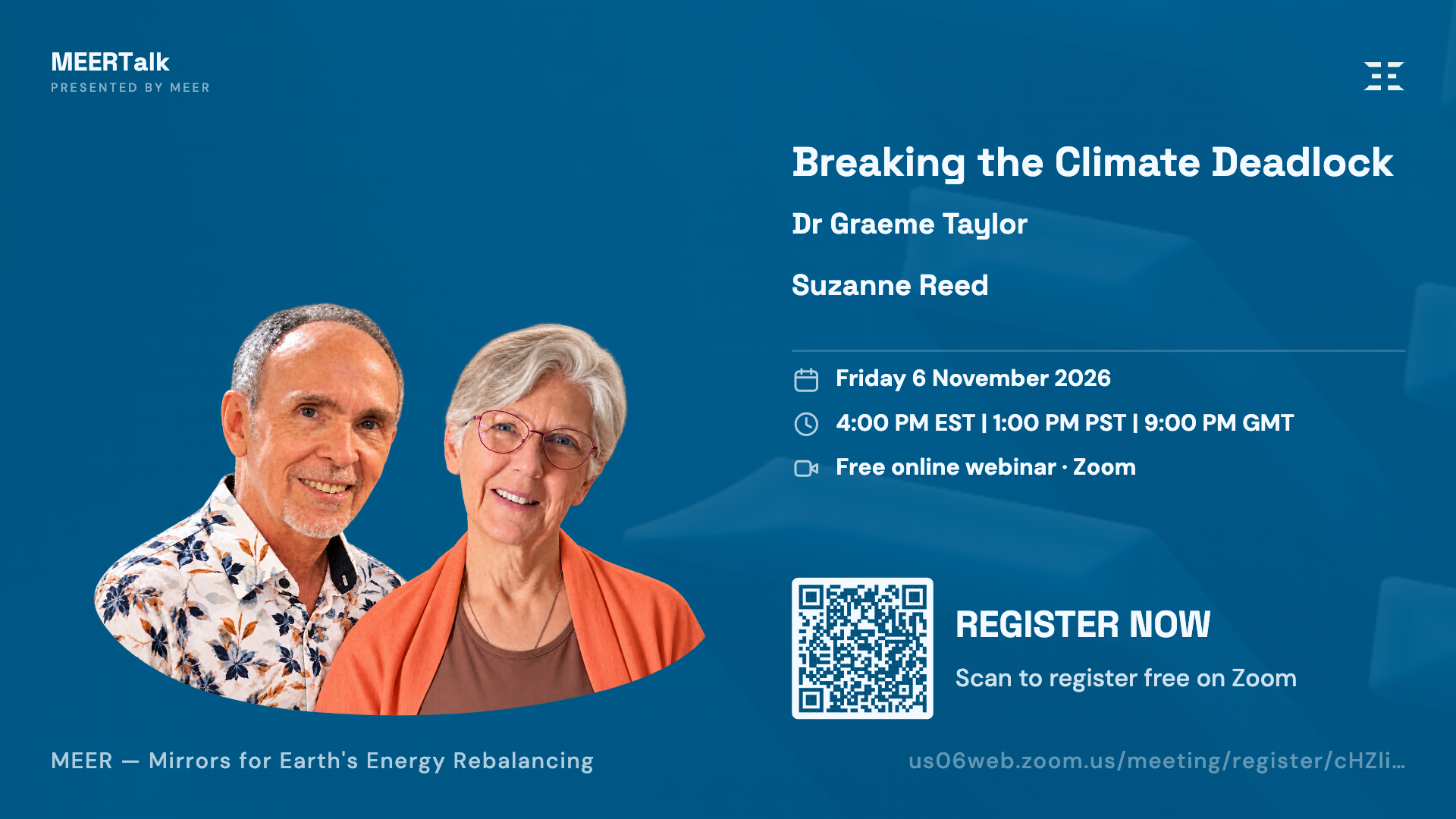 MEERTalk banner: Breaking the Climate Deadlock with Dr. Graeme Taylor and Suzanne Reed, Friday 6 November 2026, free online webinar via Zoom