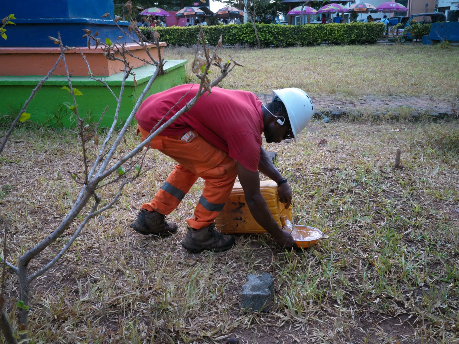 A MEER field researcher measuring water at an experimental vegetation plot in Africa