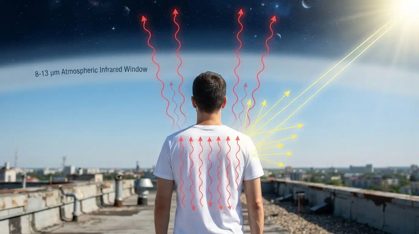 Illustration of the atmospheric infrared window: body heat radiates through a specialised shirt and up through the atmosphere into space.